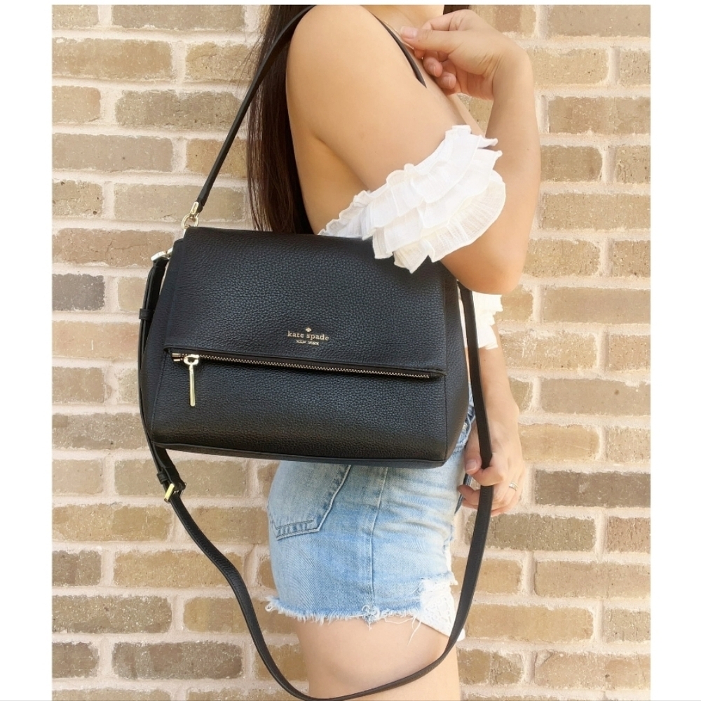 Kate Spade Leila Black Pebbled Leather Flap Shoulder Bag Extra Crossbody Strap - Picture 12 of 16